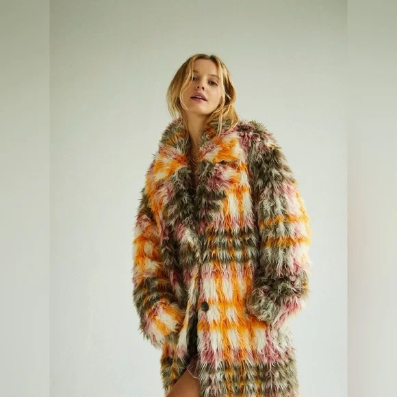 NWT Free People Cardi Plaid Faux Fur Coat $698 MSRP - Picture 4 of 16